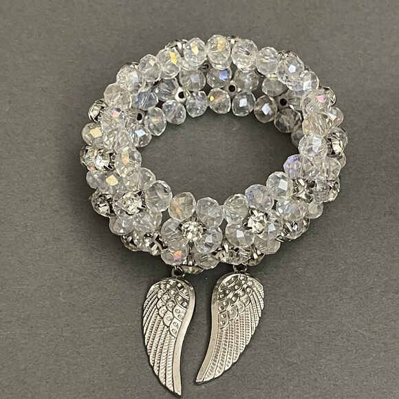 Faceted Beaded Beads Rhinestone Silver-tone Wings Fashion Stretch Bracelet - Picture 2 of 4